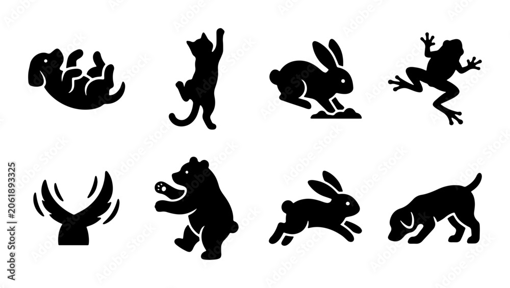 Obraz premium Animal icon set dog, cat, rabbit, frog, bear outline, solid and color styles