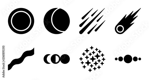 Fotografija Space icon set celestial bodies meteor moon phases stars outline, solid and colo