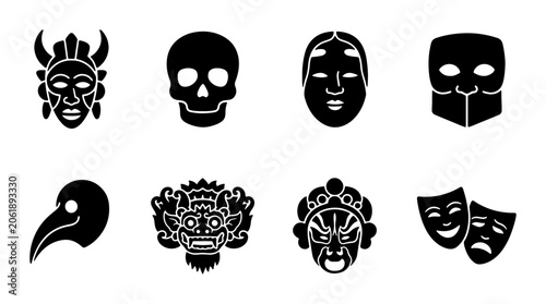 Schilderij op canvas Masks and skull icon set tribal, theater, plague doctor, dragon, outline, solid