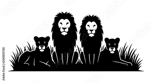 Photography Majestic Lion Family Silhouette Vector Art, Regal Big Cats in Grassland, Powerfu