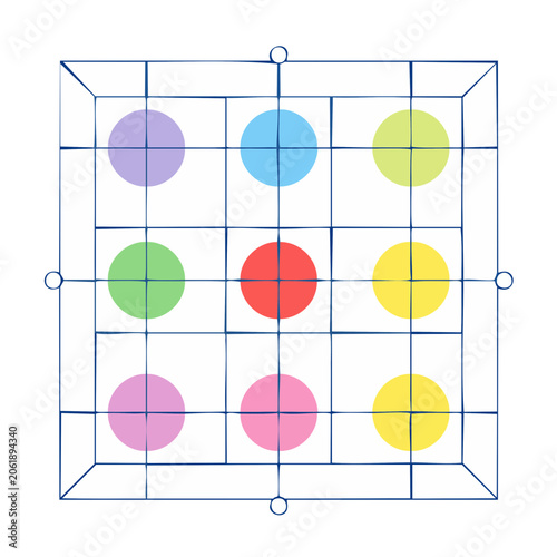 Flat color wheel design on white grid