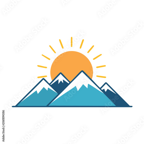 Flat design sun over mountain silhouette