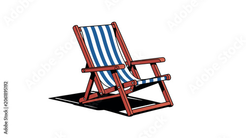 Classic folding wooden beach chair featuring vibrant blue and white striped fabric canvas designed in a clean minimalist vector art style isolated on a plain white background for summer vacation