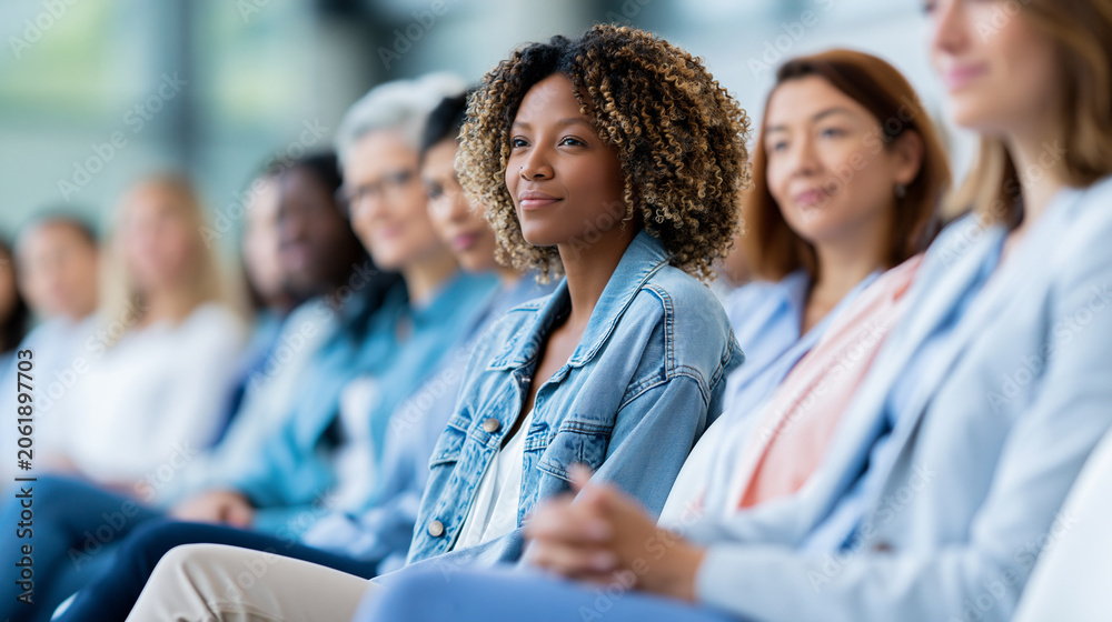 Fototapeta premium Anonymous diverse group of professional women attending a leadership summit breakout session, female empowerment and corporate conference concept, faceless, defocused modern