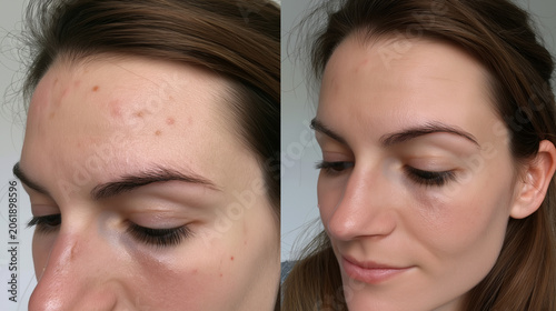 A close-up, angled view reveals a woman's impressive facial skin journey, demonstrating the significant reduction of acne and redness on her forehead and temples.