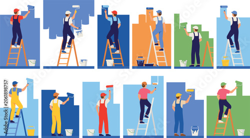 Professional House Painters Painting Interior Walls with Roller Tools