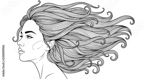 Artistic line art profile of a woman with extremely long and intricately swirling hair flowing in the breeze for beauty.