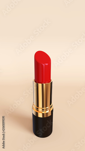 Red lipstick in a gold and black tube on a soft beige background, close-up vertical product shot with studio lighting, glossy satin finish, minimalist composition and ample copy space for beauty ads.
