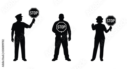 Fotografía Traffic controllers holding stop signs in black silhouette control officer polic