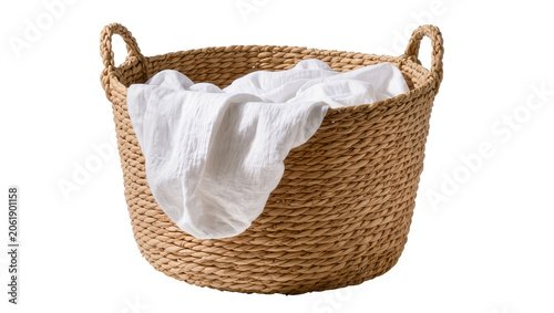 Woven seagrass laundry basket with white crumpled fabric, isolated on transparent background