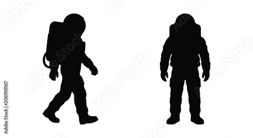 Fotografie Astronaut Silhouette In Two Poses Against A White Background Silhouette spaceman