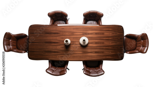 Slika na platnu Dark wood conference table with plush leather chairs, two ceramic vases isolated