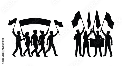 Valokuva Group of people marching with flags and banner black silhouette protest demonstr