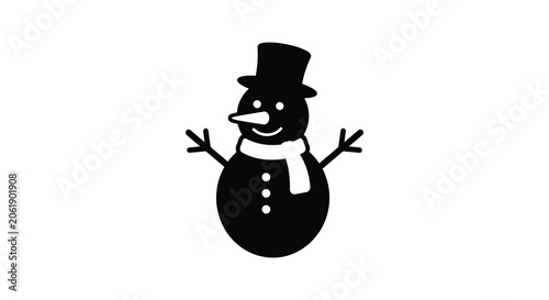 Quadro su tela Snowman figure with top hat and scarf black and white silhouette snow winter cha