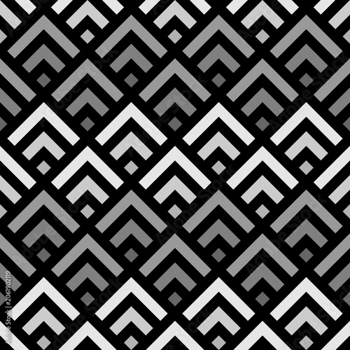 Seamless Japanese mountains pattern. Repeated chevrons, diamonds, angle brackets background. Squama ornament. Scales image. Ancient window tracery motif. Digital paper for textile print. Vector art