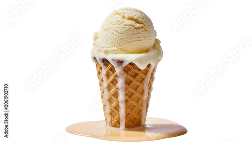 Creamy vanilla ice cream scoop melting down a waffle cone, isolated on transparent background