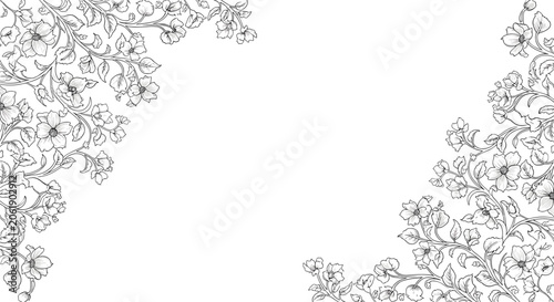 Intricate black and white floral corner patterns, depicting delicate blooming flowers and swirling vines, ideal for elegant design borders.
