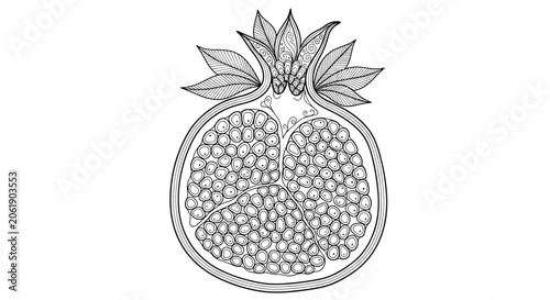 Intricate zentangle-style illustration of a half-cut pomegranate, showcasing its seeds and a highly detailed, mandala-like pattern.