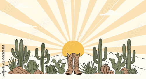 Serene desert landscape at sunset with a radiant sunburst, featuring various cacti and a pair of classic cowboy boots in the foreground.