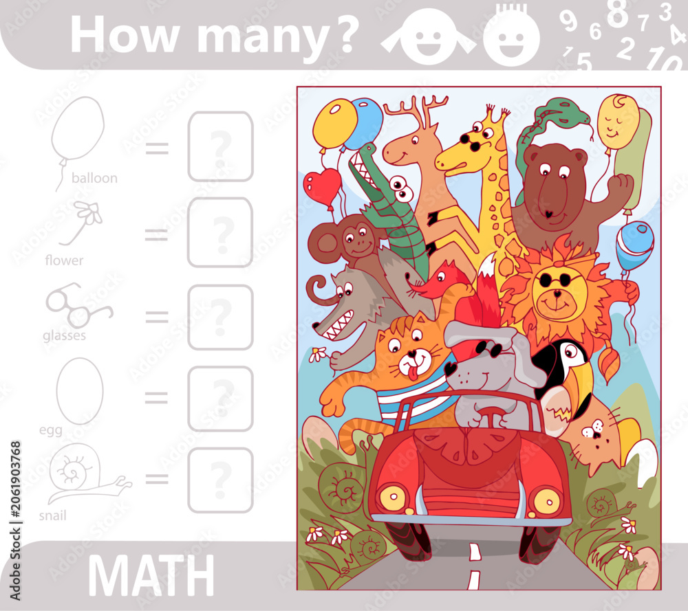 Fototapeta premium Find and count hidden objects in the picture. Animal ride by car. Vacation. Printable education worksheet. Counting math game for kids. Sketch vector illustration.