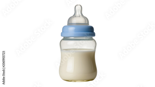 Glass baby bottle with blue cap and nipple filled with milk, isolated on transparent background