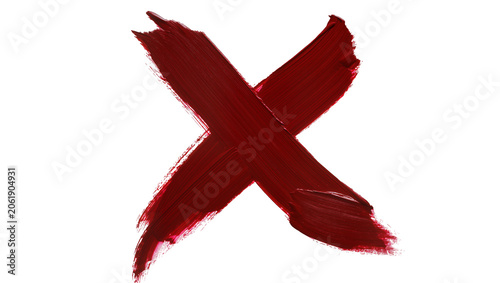 Fotografija Thick dark red paint brush stroke X mark, isolated on transparent background