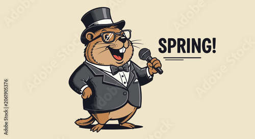 A dapper cartoon groundhog, elegantly dressed in a top hat and tuxedo, enthusiastically holding a microphone next to the bold text 