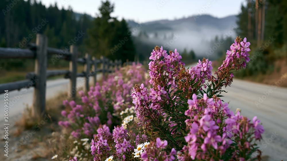 Obraz premium Pink flowering bush lines roadside fence.