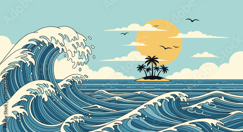 A breathtaking Japanese Ukiyo-e style illustration depicting grand ocean waves crashing near a serene tropical island with palm trees, a vibrant sun, and soaring birds.