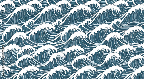 A captivating seamless pattern composed of dynamically crashing ocean waves, rendered in a detailed blue and white Ukiyo-e style, creating a continuous marine texture.