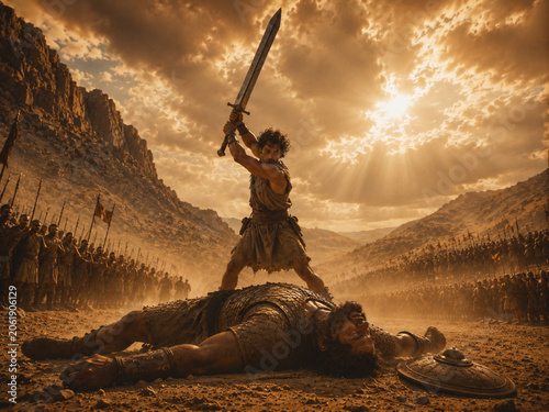 David With A Sword Raised High Above Goliath