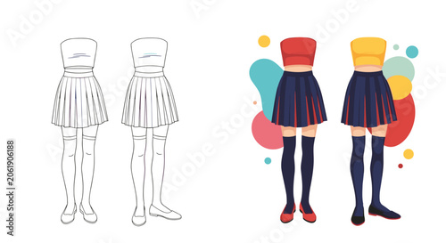 Two distinct versions of a stylish anime-style girl's outfit, featuring a detailed line art outline and a vibrant colored illustration with dynamic abstract background shapes.