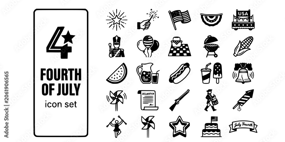 Naklejka premium Fourth of July Independence Day Bold Line Icons-Firework Sparkler Flag Bunting Parade BBQ Balloon Picnic Corn Watermelon Lemonade Hot Dog Popsicle Liberty Bell-25 July 4th Icon Set Vector
