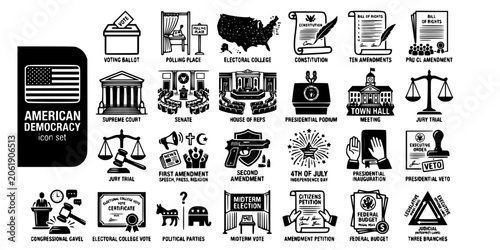 American Democracy Government Bold Line Icons-Ballot Box Polling Electoral Constitution Bill of Rights Supreme Court Senate Presidential Town Hall Jury First Second Amendment-25 Democracy Icon Set Vec