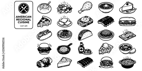 American Regional Cuisine Bold Line Icons-Clam Chowder Crawfish Southern Fried Texas Chili Cheesecake Chicago Deep Dish Beignet Avocado Toast Lobster Roll Poke Bowl-25 Regional Food Icon Set Vector