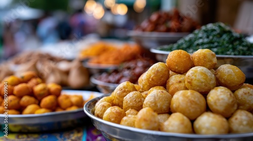 indian street food fest, chaat samosas and pani puri at vibrant indian independence day street food stall, in warm evening light, invoke high-quality