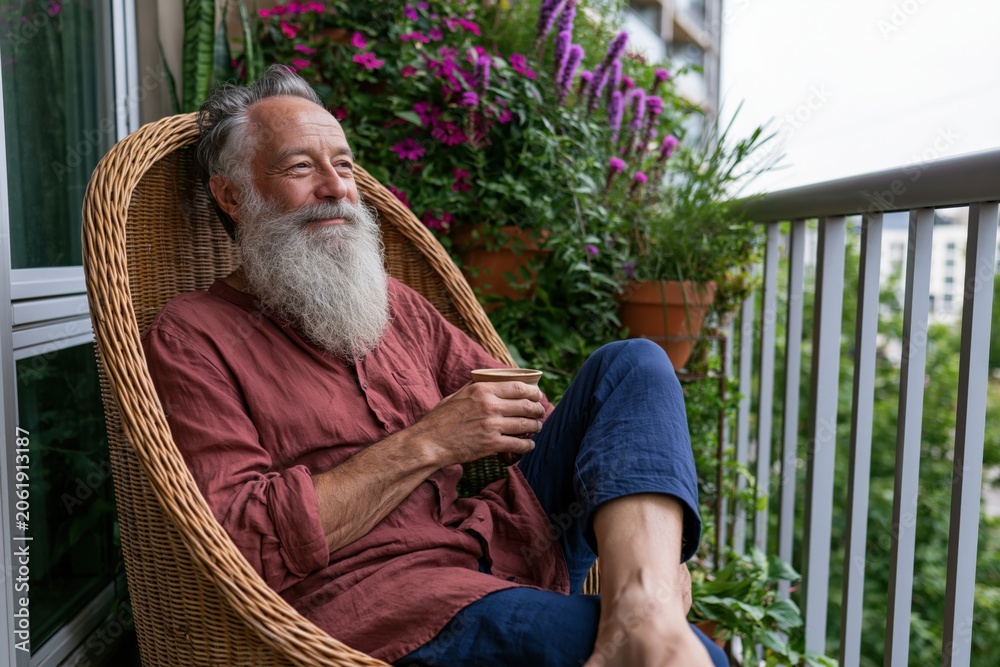 Fototapeta premium Content elderly man with long white beard seated in wicker chair on balcony holding a cup for wellness wallpaper and home lifestyle design