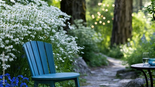 Whimsy Outdoors With a Chair by the Path Surrounded by Flowers and Lights