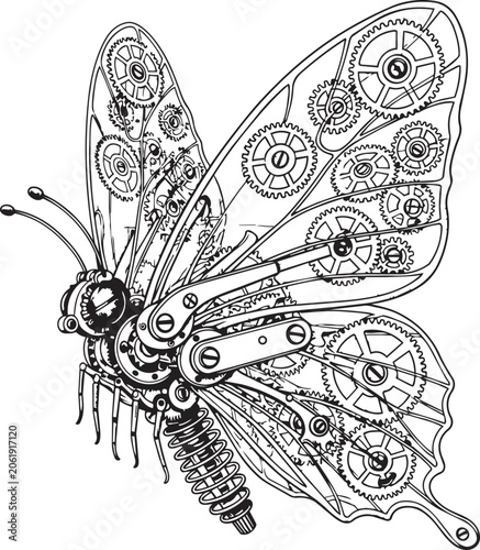 Mechanical butterfly with intricate gears and clockwork mechanisms in a detailed line drawing style