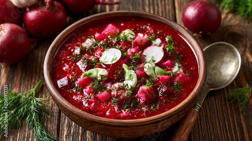 Delightful beetroot soup bursting with fresh vegetables and vibrant colors