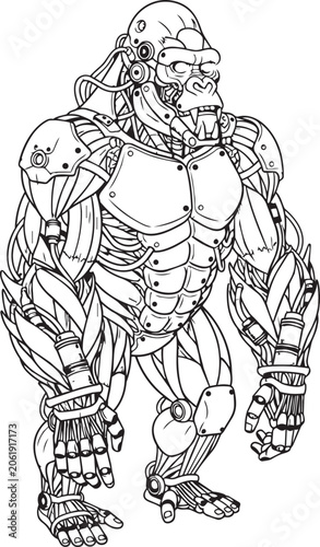 Mechanical gorilla standing with intricate cybernetic body details in a clean line drawing style