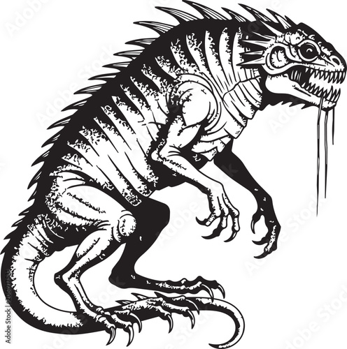 Bild auf Leinwand Monstrous reptilian creature with sharp teeth and claws in a black and white ill