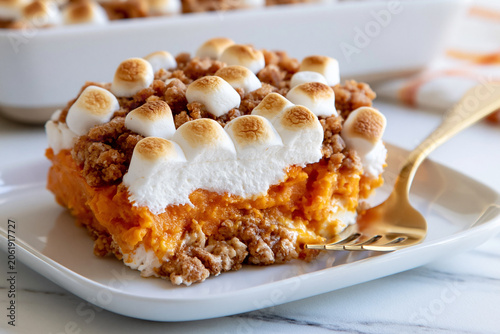 Delicious sweet potato casserole topped with marshmallows for festive gatherings