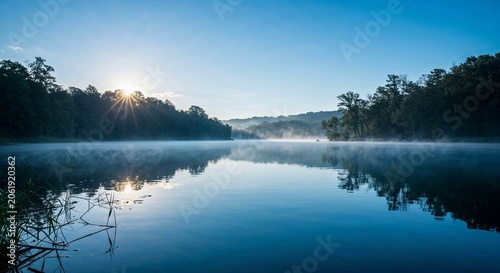 Serene river landscape at sunrise with morning mist and trees  