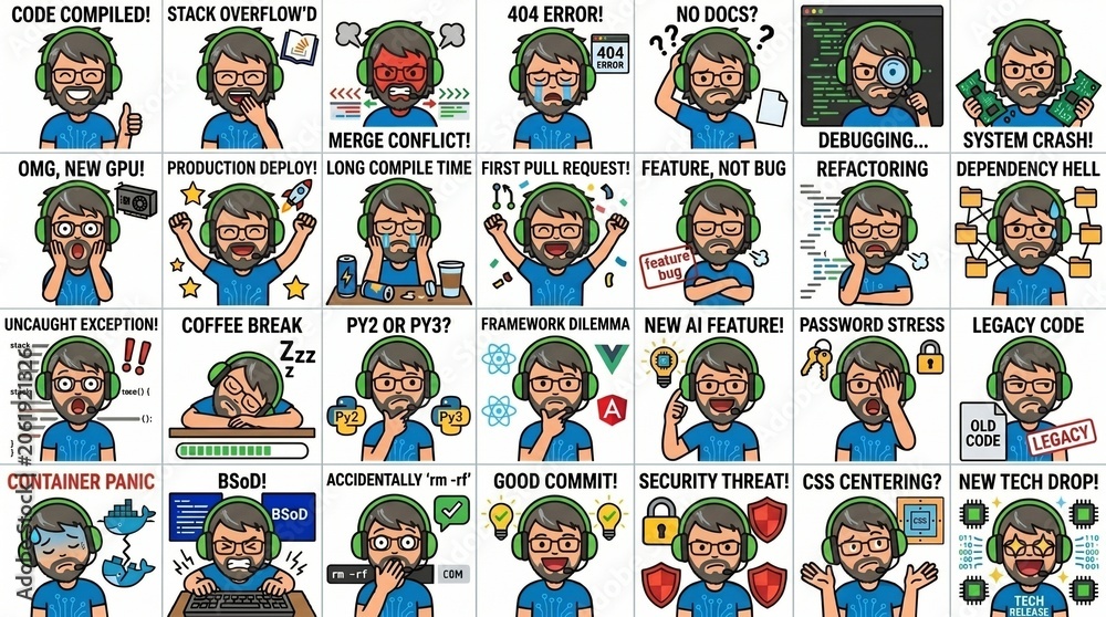 Fototapeta premium Programmer sticker set with various coding challenges and reactions isolated on white background
