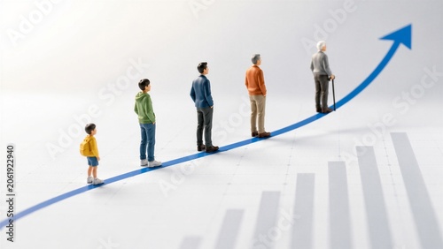Line of miniature figures from childhood to old age walks up a rising blue arrow above a bar graph to symbolize growth and aging.
