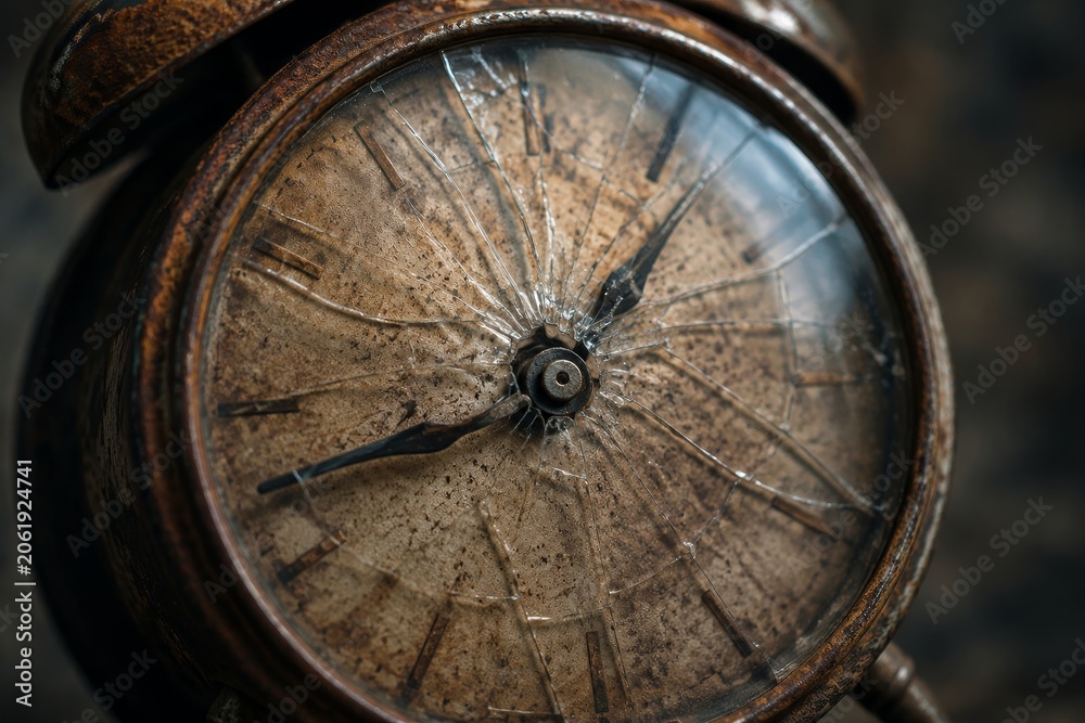 Fototapeta premium Old vintage alarm clock with cracked glass face. Broken mechanical timepiece showing elapsed time. Symbol of lost opportunity, end of life and passing moment. Concept of decay and failure.
