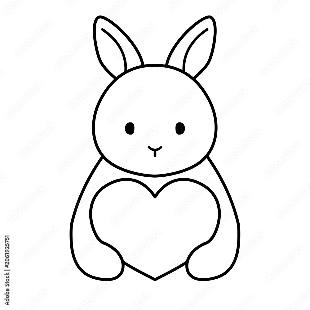 Obraz premium Cute outline bunny holding a heart black and white rabbit illustration