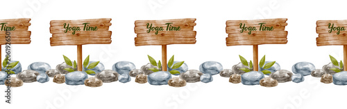 Canvas Print Watercolor zen stones and wooden signs seamless border with Yoga Time text