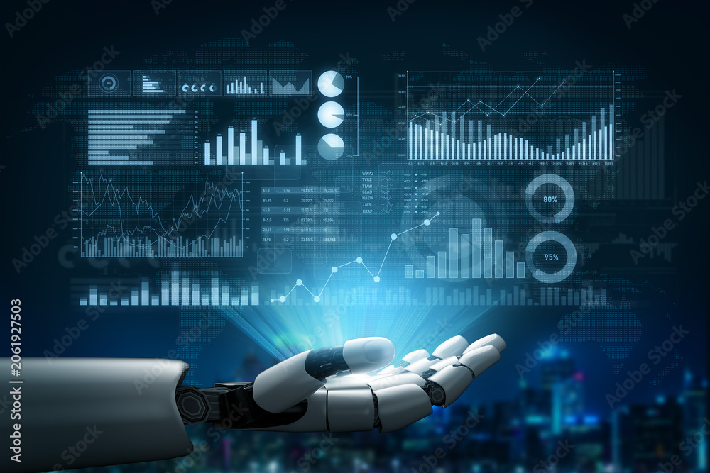 Fototapeta premium A robotic hand engages with a detailed digital dashboard showing data visualization and analytics, embodying the convergence of technology and information in a modern urban setting. Scalp